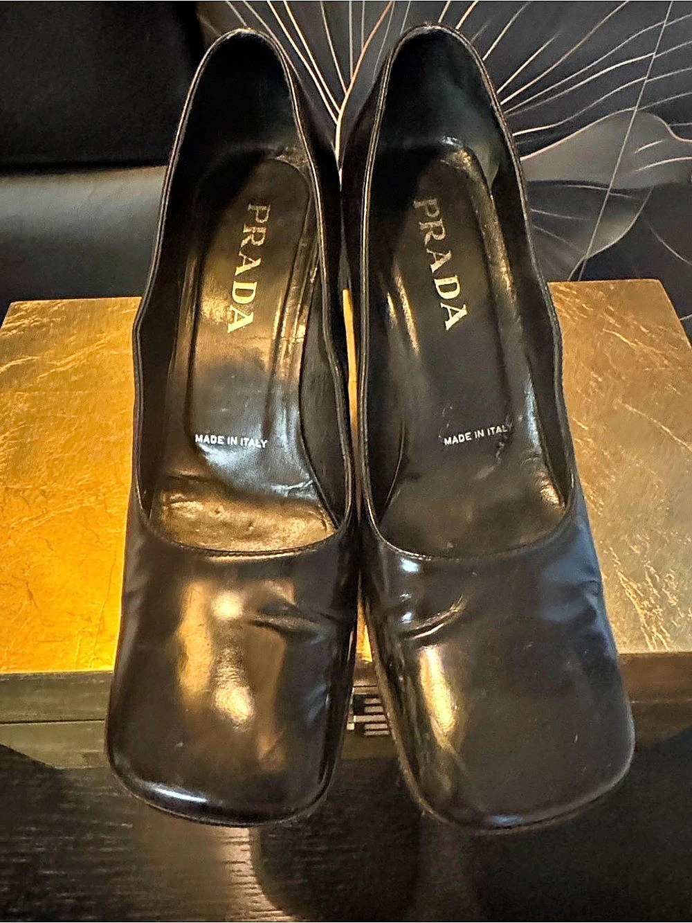 Prada Vintage Patent Leather Square Toe Block Heel Pumps